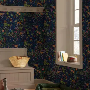 Enchanted Woodland Navy Floral Wallpaper