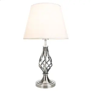 Traditional Satin Nickel Table Lamp with Barley Twist Base and Linen Shade