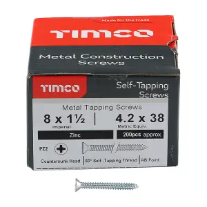 Timco - Self-Tapping Screws - PZ - Countersunk - Zinc (Size 8 x 1 1/2 - 200 Pieces)