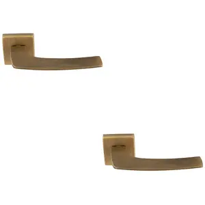 2 PACK - Premium Curved Slim Door Handle Set - Antique Brass Plain Lever on Square Rose