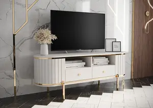 New York 151cm Television Stand in Crisp White - Elegant Media Unit with Textured Drawer Fronts and Metal Accents