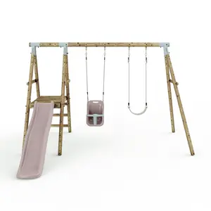 Limited Edition Rebo Double Wooden Swing Set with Slide - Odyssey - Pastel Pink