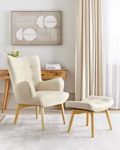 Wingback Chair VEJLE with Footstool Fabric Light Beige