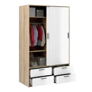 Line Wardrobe - 2 Doors 4 Drawers in Oak with White High Gloss