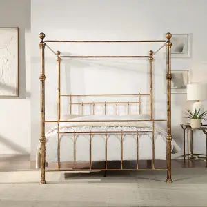 Welwyn Vintage Victorian 4 Poster Antique Brass Metal Bed Frame - Small Double/Double/King