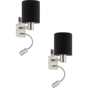 2 PACK Wall Light Satin Nickel Shade Black Copper Fabric E27 LED 1x40W 1x3.5W