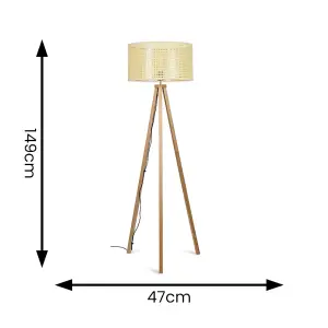 ValueLights Light Wood Tripod Design Floor Lamp With Cream Woven Rattan Wicker Effect Shade