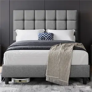 Size Modern Upholstered Bed Frame with Square Tufted Headboard Light Grey / Double (4'6)