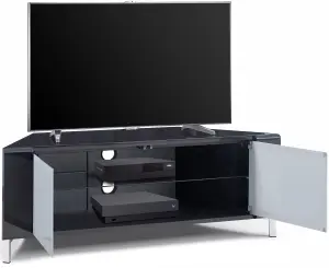 MDA Designs CORVUS Corner-Friendly Black Cabinet with White BeamThru Glass Doors for Flat Screen TVs up to 50"