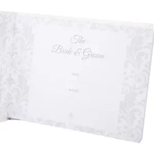 Modern Wedding Day Guest Book with Pink Faux-Silk Roses and Silver Double Rings