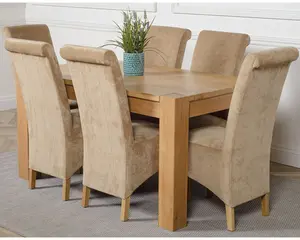 Kuba 150 x 85 cm Chunky Medium Oak Dining Table and 6 Chairs Dining Set with Montana Beige Fabric Chairs