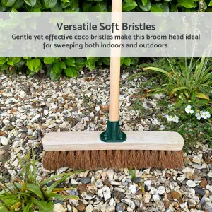 16-Inch Wide Coco Broom with Wooden Handle - Soft Bristle Indoor Sweeping Broom for Home, Kitchen, Hardwood Floors