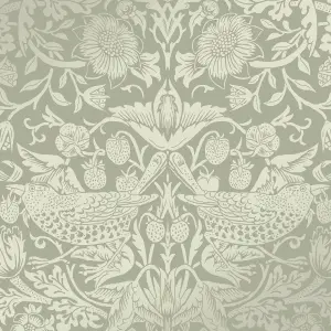 William Morris Gallery Collection Fibrous Sage Strawberry Thief Metallic effect Smooth Wallpaper