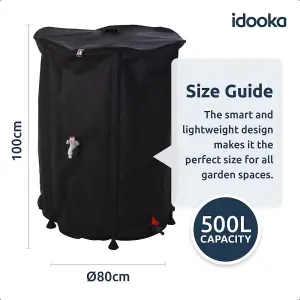 idooka Large Collapsible 500L Rainwater Butt + Tap Lid Hose Connector