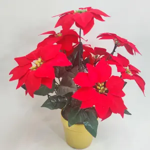 Artificial LED Red Poinsettia Plant in Gold Pot - Faux Realistic Floral Home Christmas Decoration with 10 Lights - H35 x 28cm