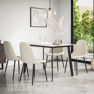 Haydon Extending Dining Table + Chairs- White Marble Effect Table Top w Black Legs + 4 Maya Boucle Dining Chairs (Ivory White)