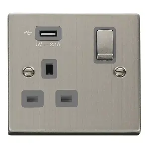 Stainless Steel 1 Gang 13A DP Ingot 1 USB Switched Plug Socket - Grey Trim - SE Home