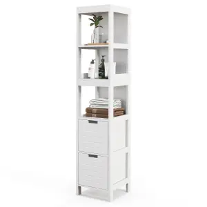 Costway 5-Tier Bathroom Tall Cabinet 145cm Storage Organizer Rack Stand Cupboard w/ 2 drawers