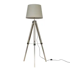 ValueLights Clipper Distressed Wood and Silver Chrome Tripod Floor Lamp with Beige Tapered Light Shade with 6w LED GLS Bulb