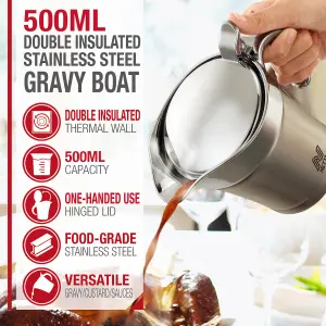 NETTA 500ml Stainless Steel Gravy Boat - Double Insulated & Hinged Lid