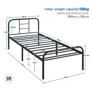 Yaheetech Black 3ft Single Metal Bed Frame with High Headboard Strong Iron Platform Bed for Bedroom