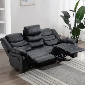 Seattle Manual High Back Bonded Leather Recliner 3 Seater Sofa (Black)