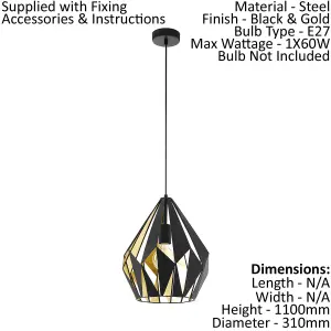 Hanging Ceiling Pendant Light Black & Gold Geometric 1x 60W E27 Feature Lamp