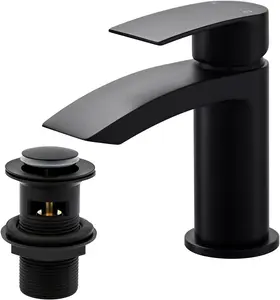 Black Waterfall Basin Mixer Taps with Drain Monobloc Chromed Brass Basin Taps with Sink Plug