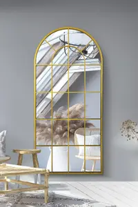 MirrorOutlet Arcus - Gold metal Arched Window Leaner / Wall Mirror 71" X 33.5" (180x85CM)