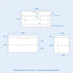 Nes Home Modern 800mm White Wall Hung Basin Sink Vanity with Storage Drawers