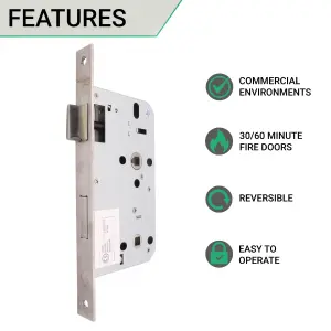 EAI Mortice Bathroom Lock DIN Standard - 90mm Case 64mm Backset - Satin Stainless Steel