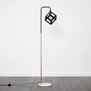 ValueLights Talisman Black/Copper Metal & White Marble Base Floor Lamp with Black Puzzle Cube Shade - with 4w LED Bulb