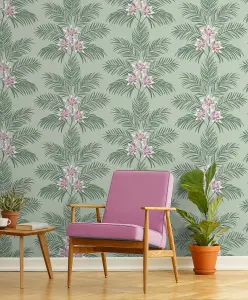 Fine Decor Bali Tropical Floral Sage Wallpaper FD43278