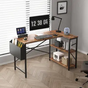 MCC Direct Computer Desk L Shaped Corner Desk with Adjustable shelves - Lotus 100cm Brown