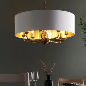 Haywood Antique Brass with Vintage White Faux Silk Shades Classic Modern 8 Light Ceiling Pendant