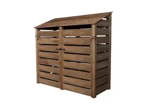 Slatted wooden log store with door and kindling shelf W-187cm, H-180cm, D-88cm - brown finish