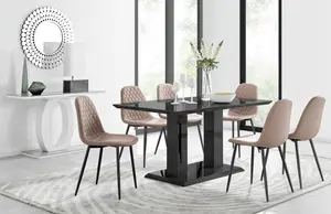 Imperia Black High Gloss 6 Seater Dining Table with Structural 2 Plinth Column Legs 6 Beige Faux Leather Gold Leg Corona Chairs