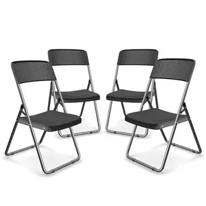 URBNGARDEN 82cm Height Black 4Pcs Rattan Effect Metal Folding Chairs Outdoor Indoor Dining Furniture