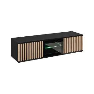 Cameron TV Cabinet W1600mm H420mm D450mm - Black & Jackson Hickory with Glass Door and LED Lighting