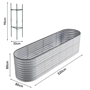 320cm W x 80cm D Silver Raised Garden Bed Oval Shaped Galvanized Metal Planter Box for Gardening