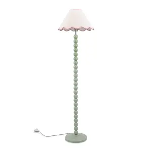 ValueLights Bobbles Sage Green Bobbin Floor Lamp with Pink Trim Scallop Shade - LED Bulb Included