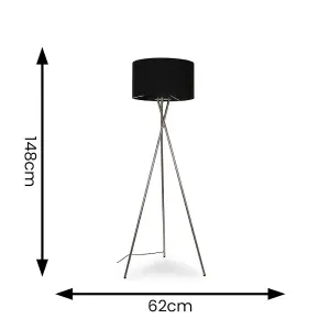 ValueLights Camden Polished Chrome Metal Tripod Floor Lamp with Black Lamp Drum Light Shade - Complete with 6w LED GLS Bulb