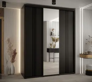 Modern Black Cannes VII Sliding Wardrobe H2050mm W2000mm D600mm with Custom Black Steel Handles and Decorative Strips