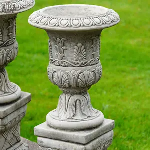 Pair of Classical Urns + Plinths Stone Planters British made Garden Ornament