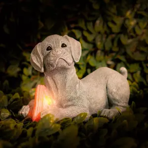 Large Solar Dog Ornament Garden LED Light Up Puppy Stone Effect Statue Decor