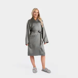 Luxury Satin Robe Womens Dressing Gown Ladies Soft Nightwear, Charcoal - S/M