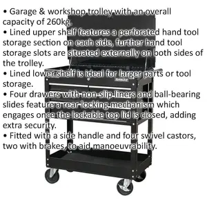 Versatile Heavy Duty Tool and Parts Trolley with Lockable Top - 925 x 440 x 900mm - Black