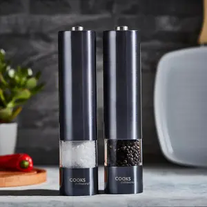 Cooks Professional Electric Salt and Pepper Mill Grinder Set Shaker Automatic with Stand Graphite Grey