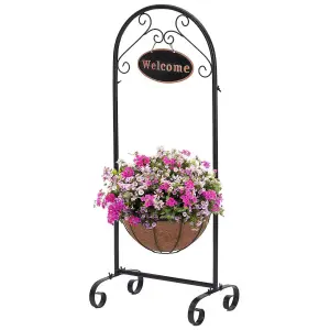 39.5 Inch  Metal Welcome Planter Basket Stand with Coco Liner - Hanging Planter with Decorative Welcome Sign for Outdoor Garden