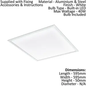 Wall / Ceiling Light White Aluminium 595mm Square Panel 40W Built in LED 4000K